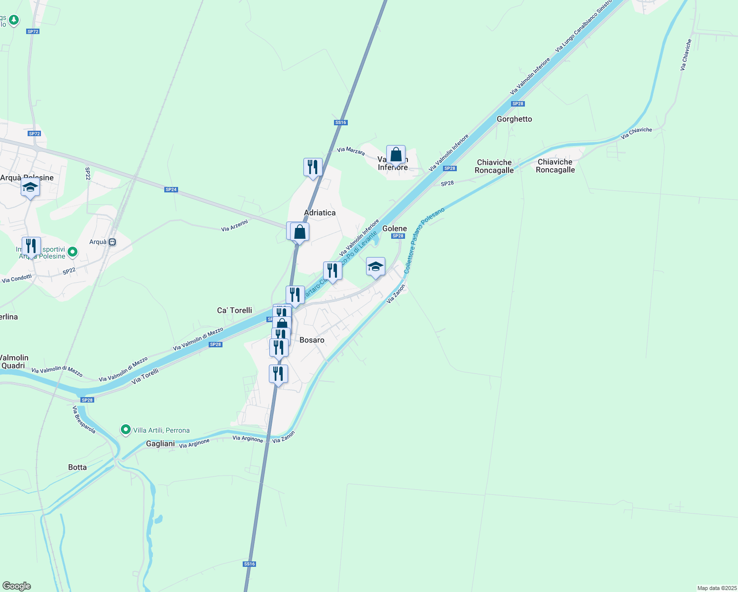map of restaurants, bars, coffee shops, grocery stores, and more near 249 Via E. Berlinguer in Bosaro