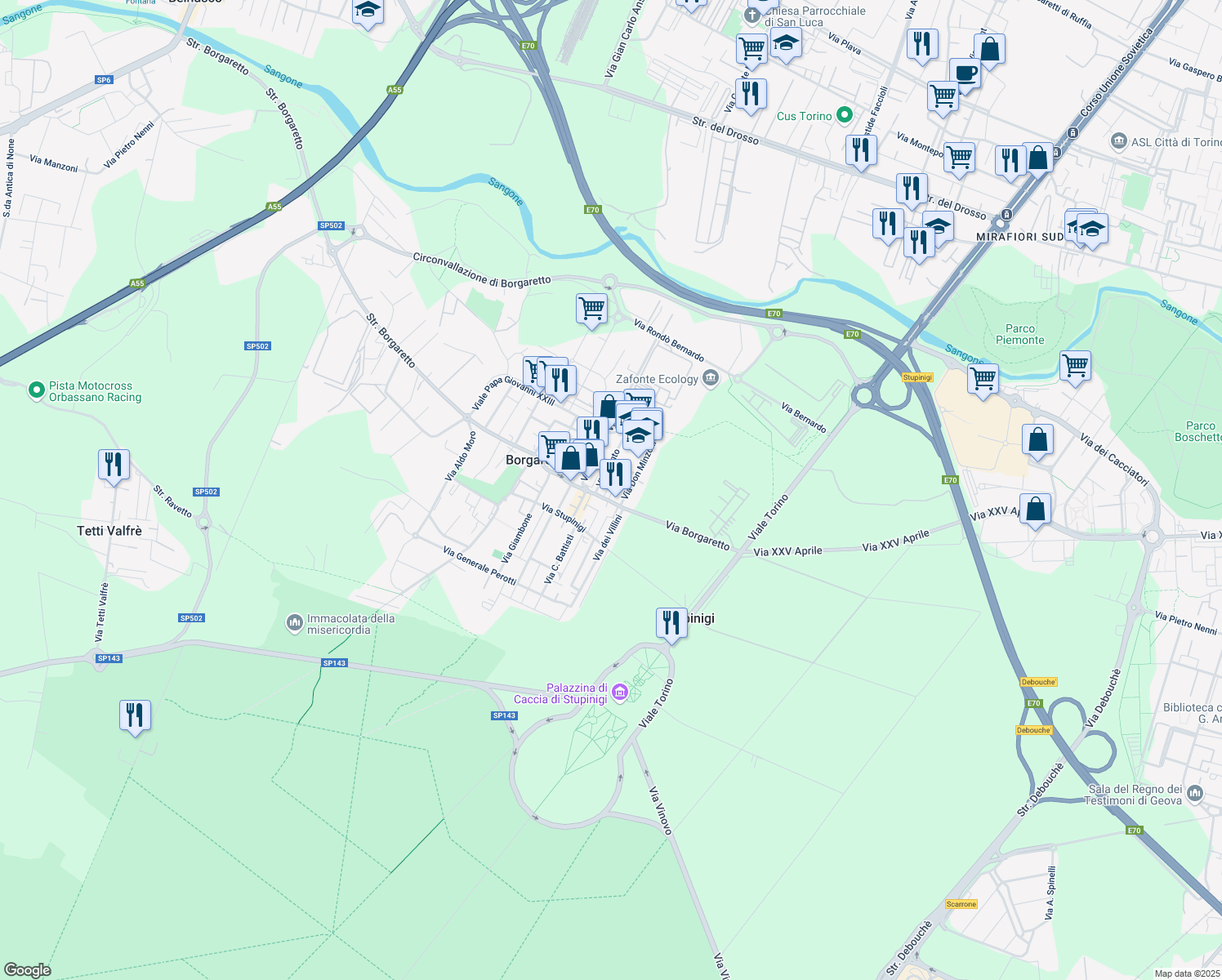 map of restaurants, bars, coffee shops, grocery stores, and more near 46 Via Galileo Galilei in Borgaretto