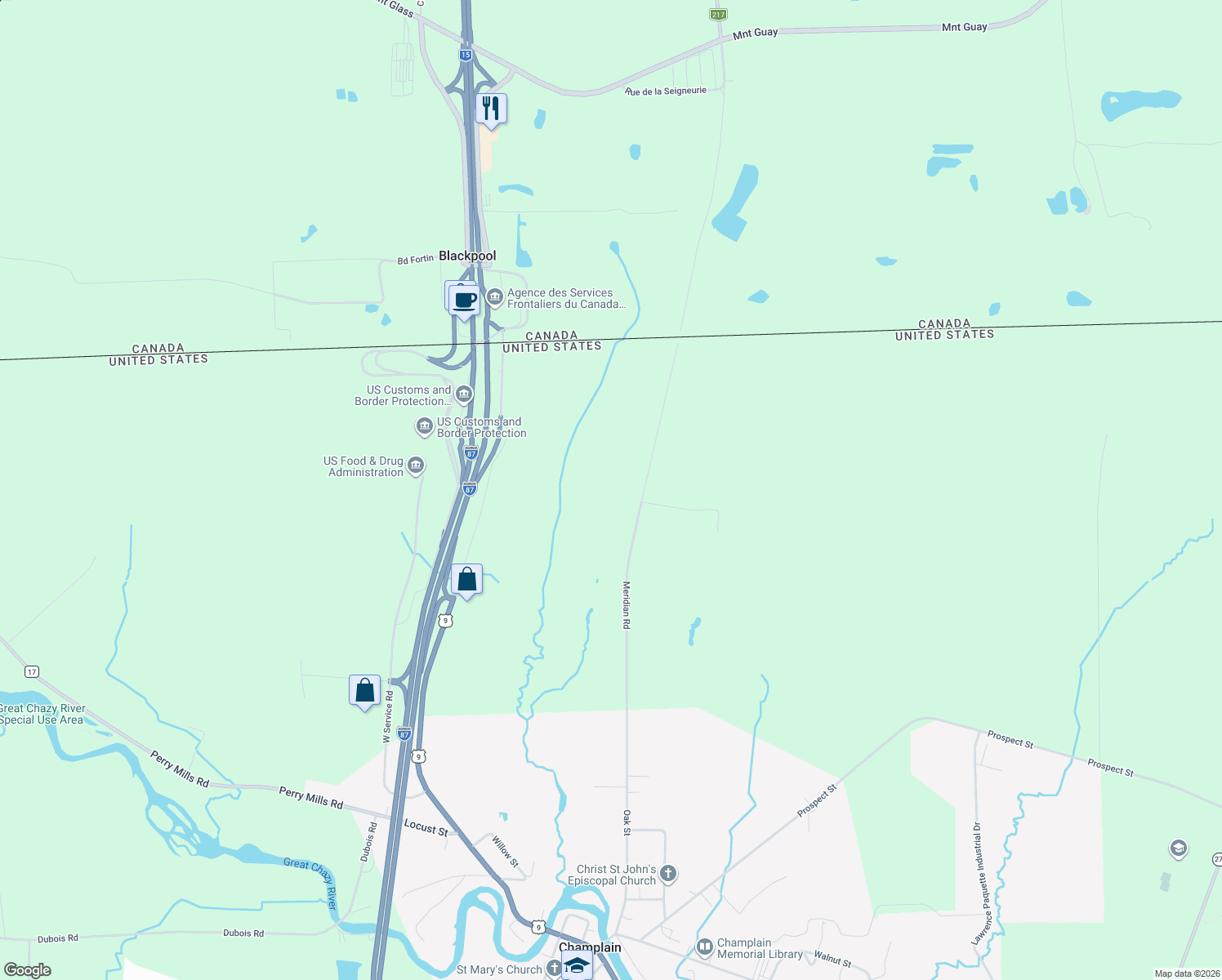 map of restaurants, bars, coffee shops, grocery stores, and more near 123 Meridan Rd in Champlain
