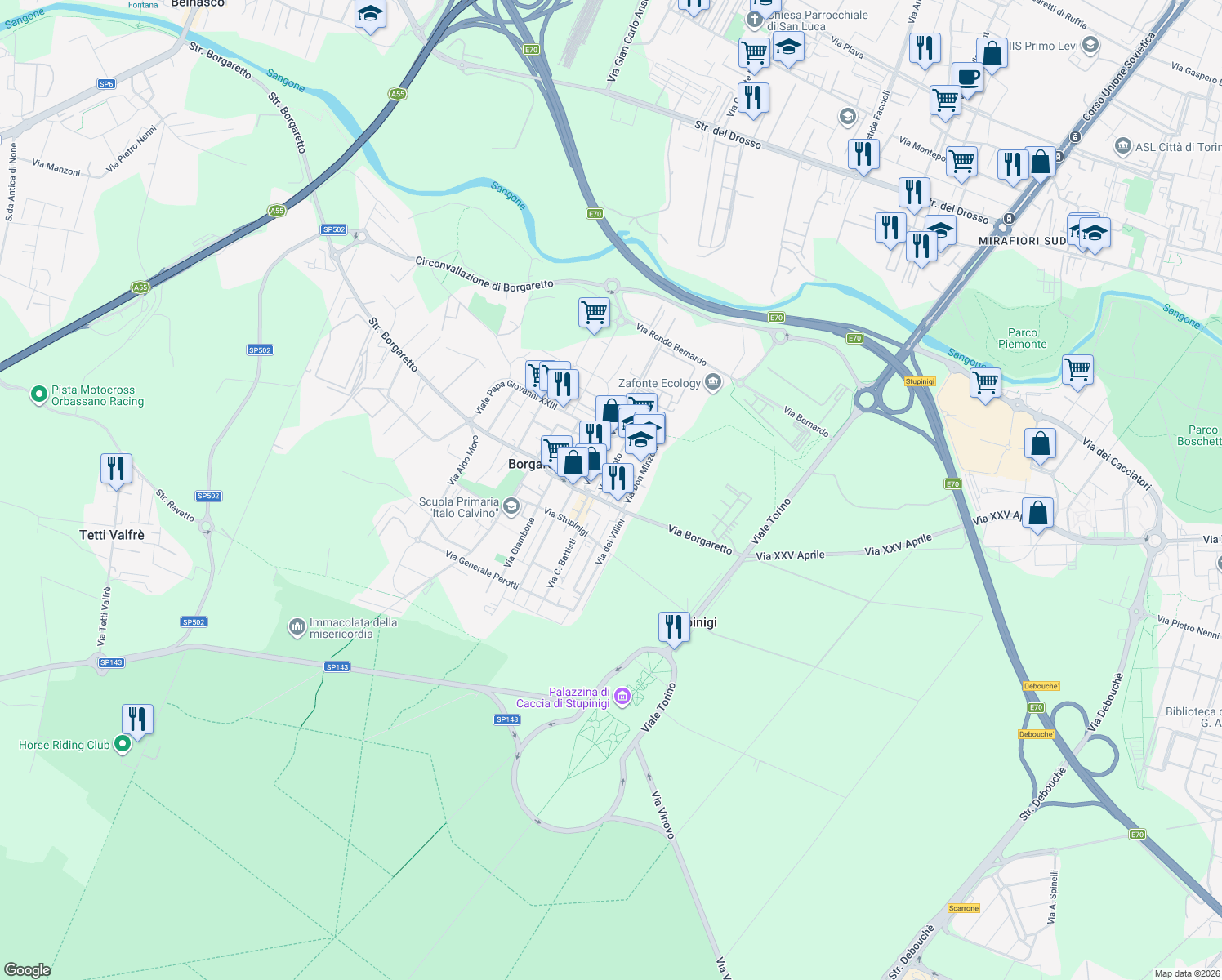 map of restaurants, bars, coffee shops, grocery stores, and more near 46 Via Galileo Galilei in Borgaretto