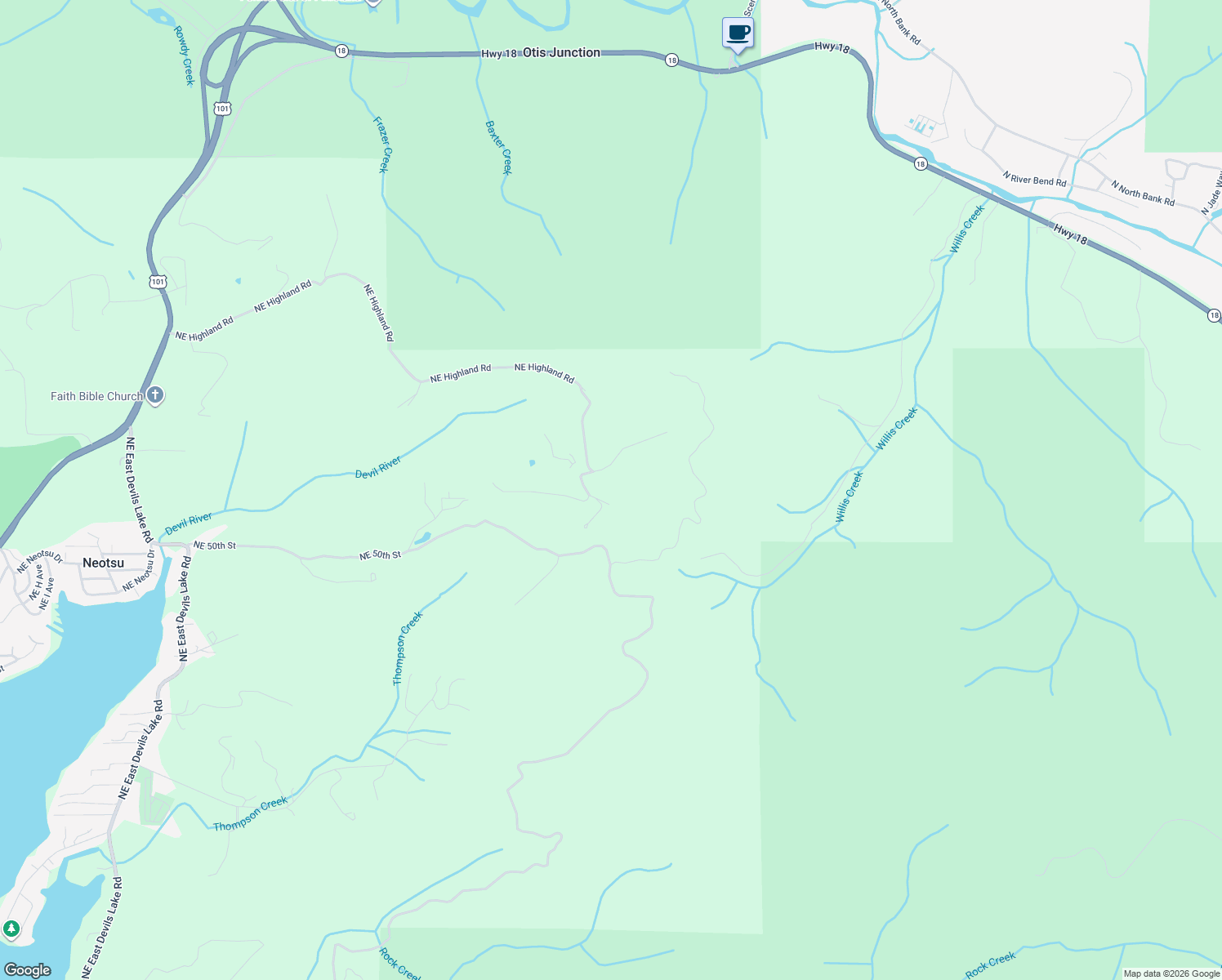 map of restaurants, bars, coffee shops, grocery stores, and more near 9361 Northeast Highland Road in Otis