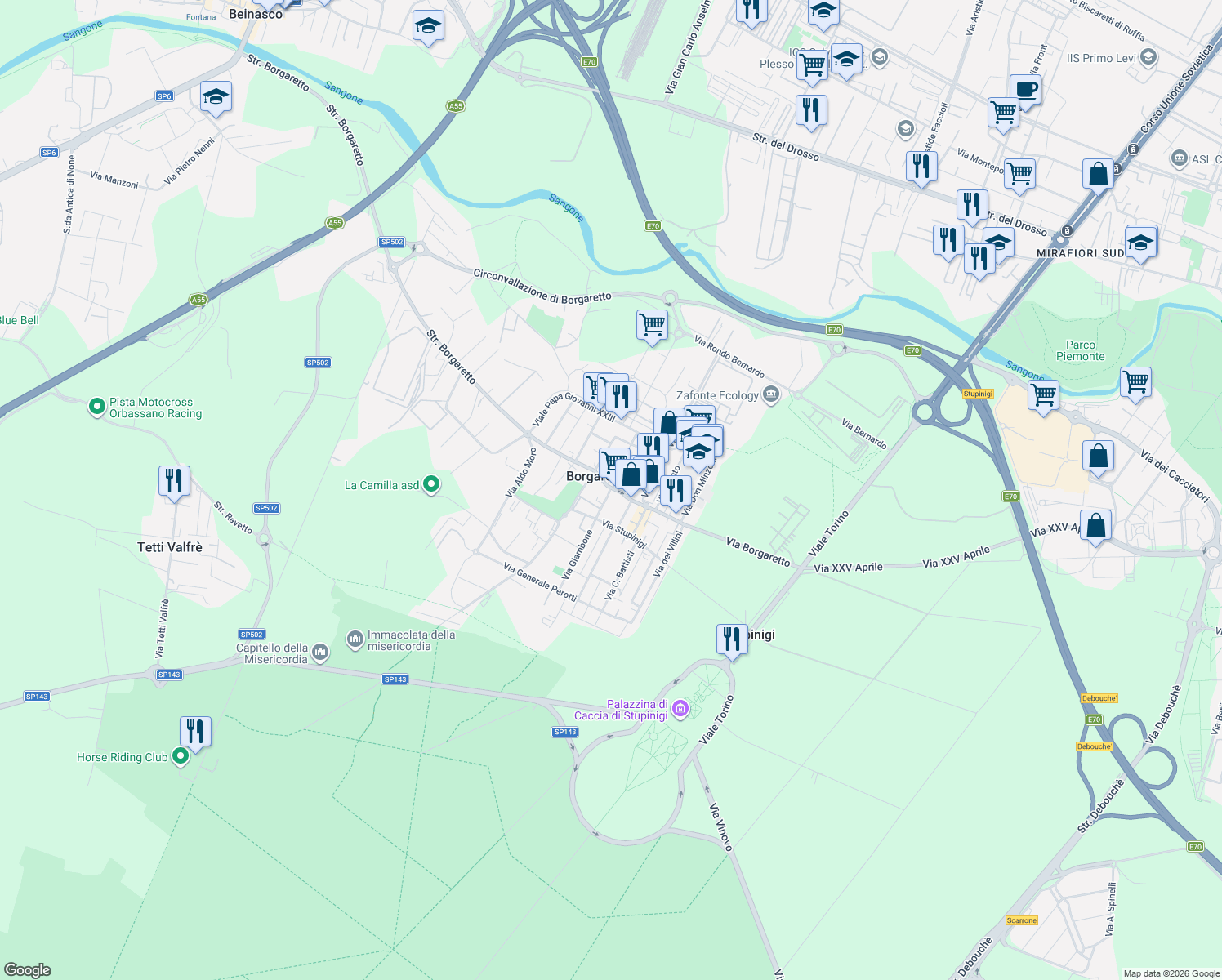 map of restaurants, bars, coffee shops, grocery stores, and more near in Borgaretto