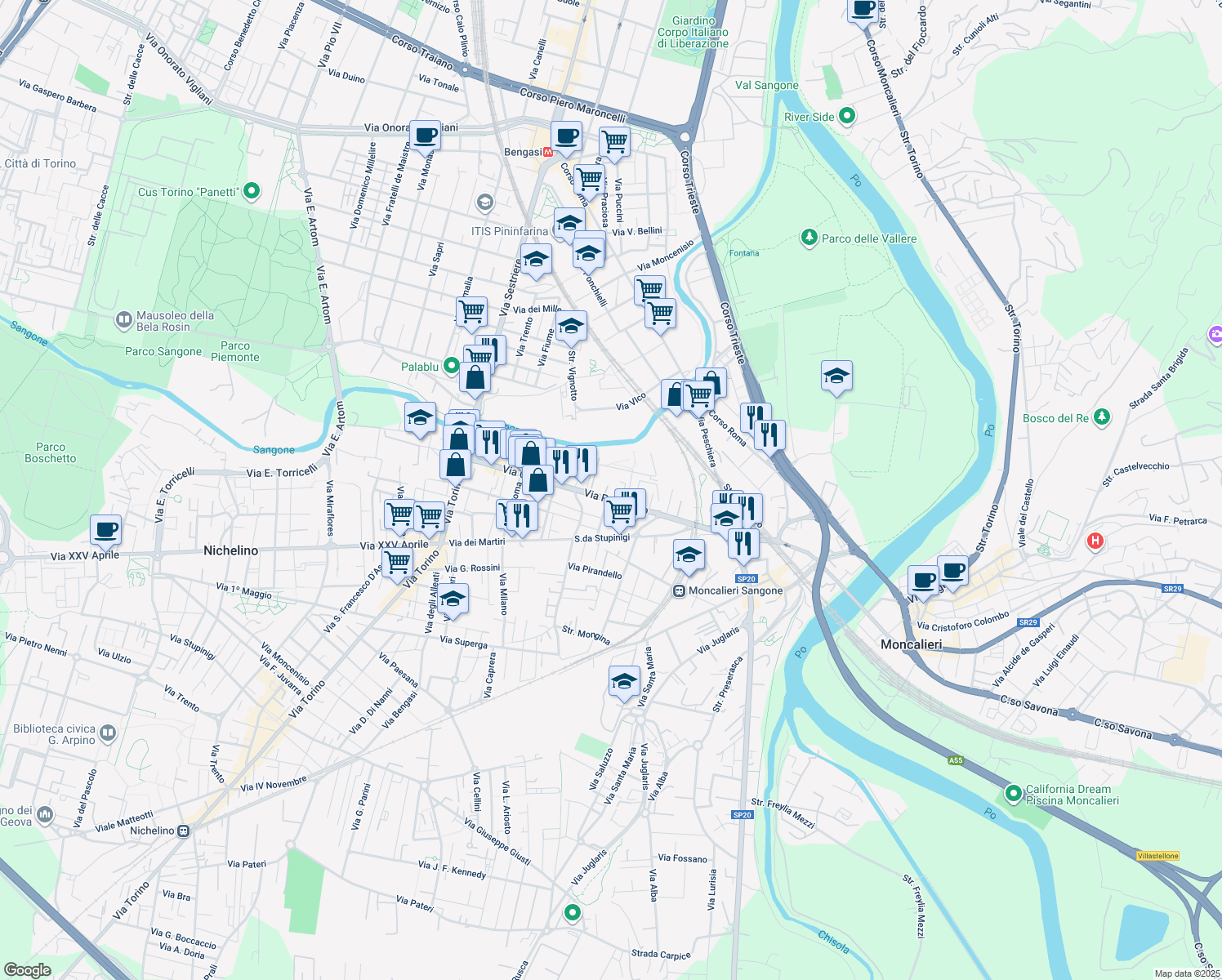 map of restaurants, bars, coffee shops, grocery stores, and more near 98 Via Pastrengo in Moncalieri