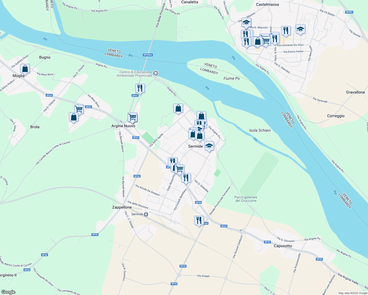 map of restaurants, bars, coffee shops, grocery stores, and more near 14 Via Don G. Grioli in Sermide