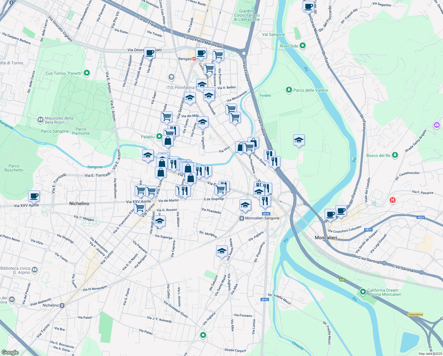 map of restaurants, bars, coffee shops, grocery stores, and more near 98 Via Pastrengo in Moncalieri