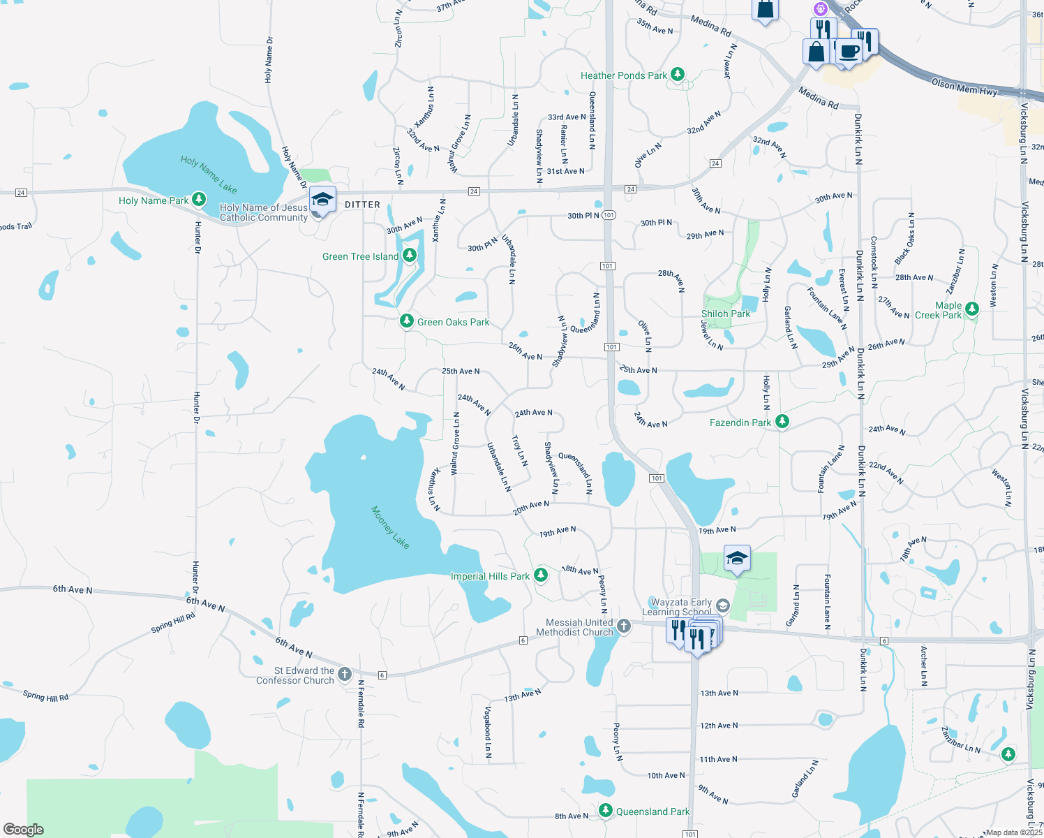 map of restaurants, bars, coffee shops, grocery stores, and more near 2330 Troy Lane North in Plymouth