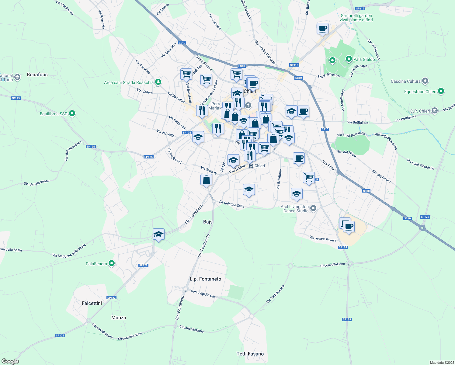 map of restaurants, bars, coffee shops, grocery stores, and more near 8 Via II Giugno in Chieri
