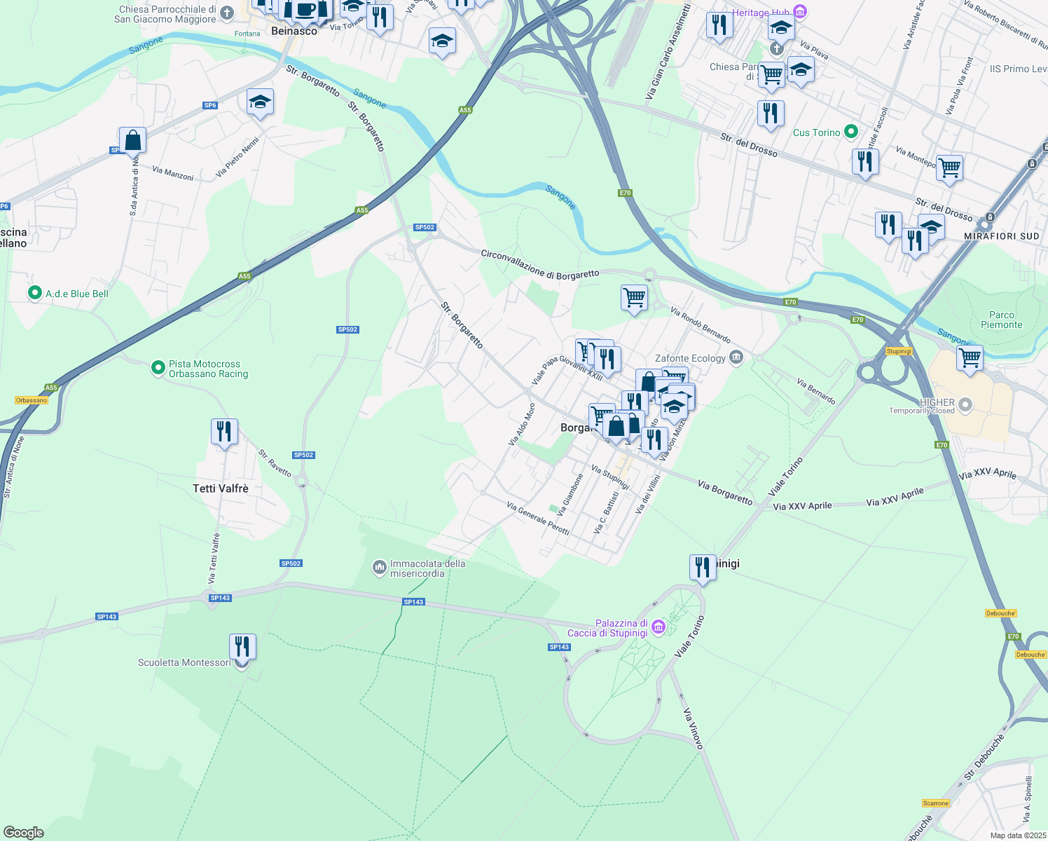 map of restaurants, bars, coffee shops, grocery stores, and more near 4E Via Aldo Moro in Borgaretto