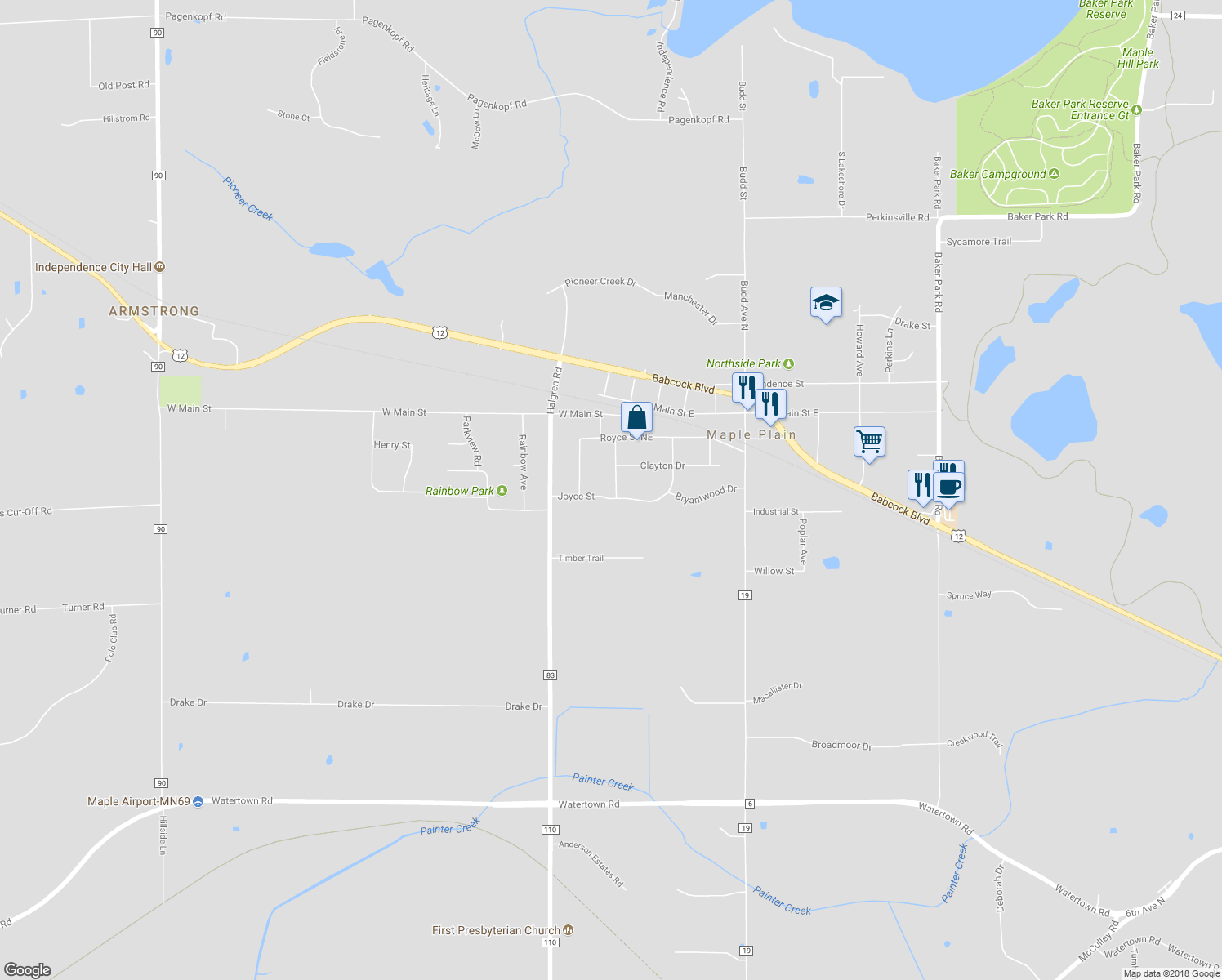 map of restaurants, bars, coffee shops, grocery stores, and more near 1445 Prairieland Avenue in Maple Plain