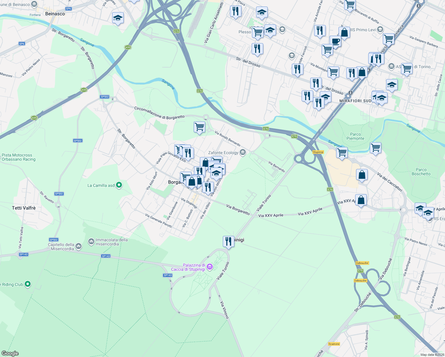 map of restaurants, bars, coffee shops, grocery stores, and more near 20 Via Don Minzoni in Borgaretto