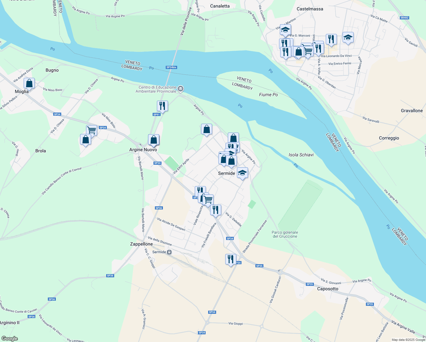 map of restaurants, bars, coffee shops, grocery stores, and more near 14 Via Don G. Grioli in Sermide