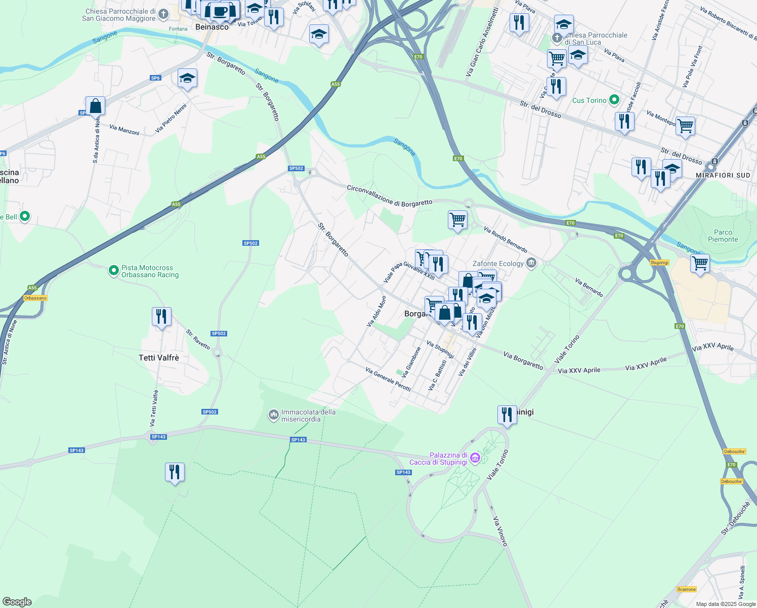 map of restaurants, bars, coffee shops, grocery stores, and more near 4E Via Aldo Moro in Borgaretto