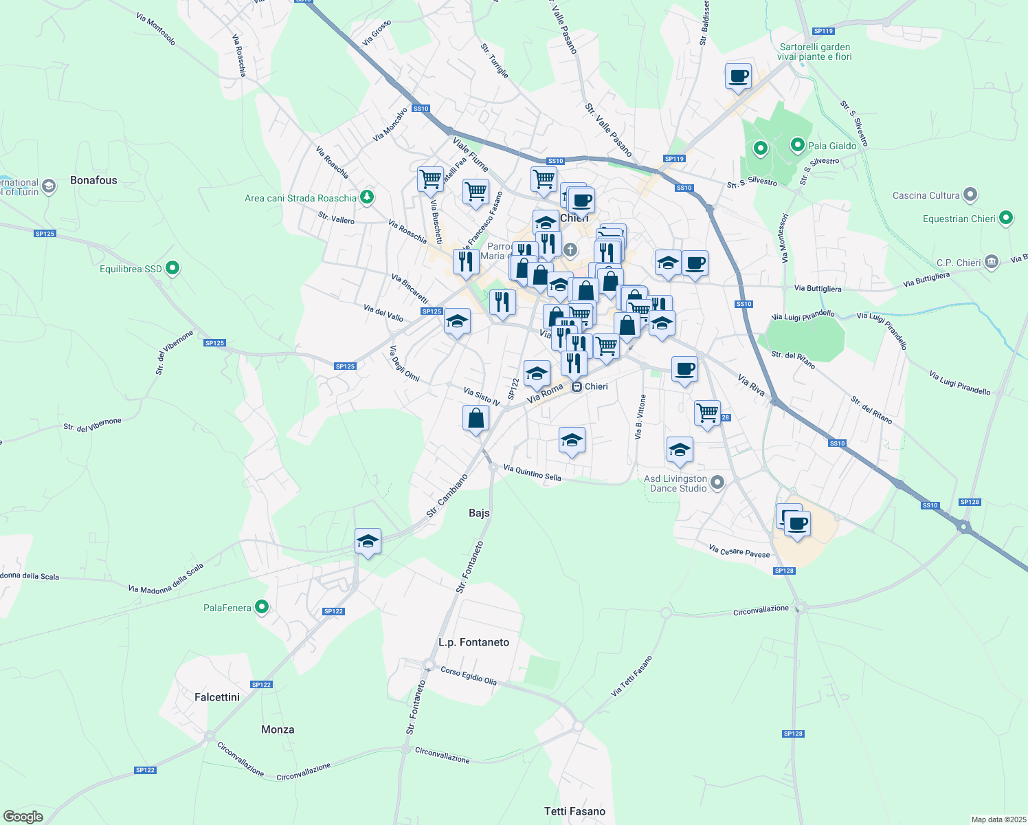 map of restaurants, bars, coffee shops, grocery stores, and more near 8 Via II Giugno in Chieri