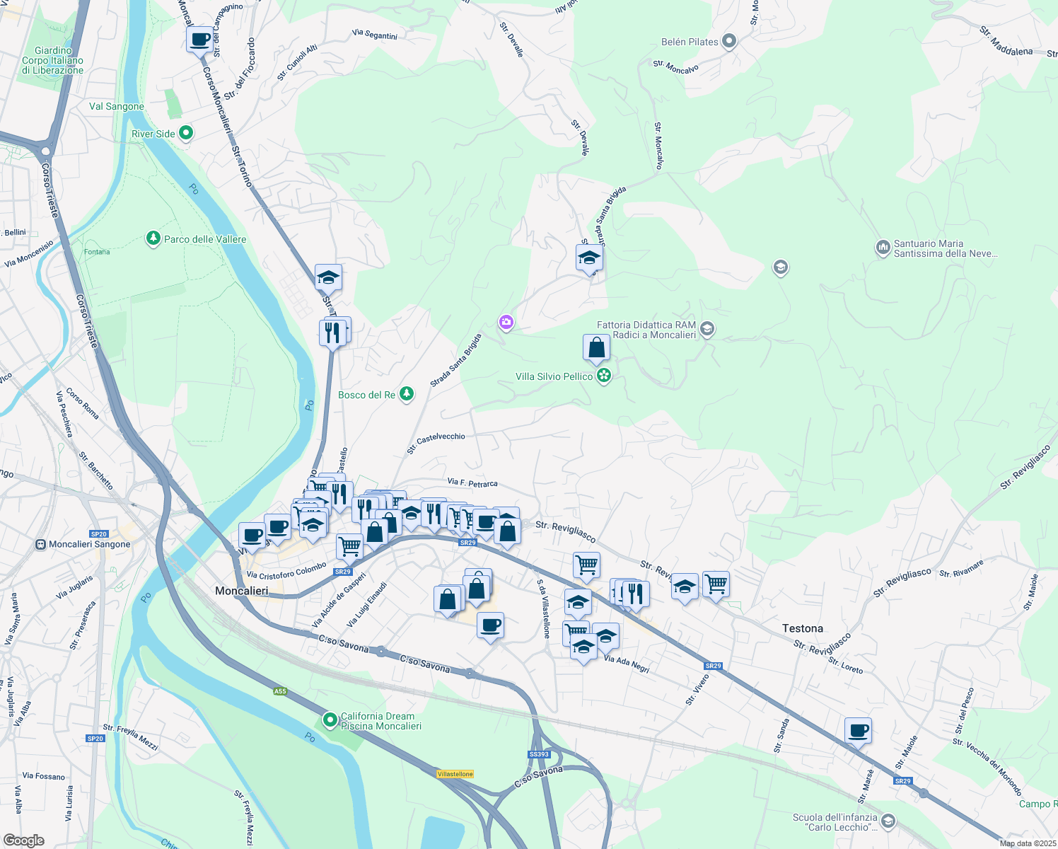 map of restaurants, bars, coffee shops, grocery stores, and more near Strada Milius - Ronsaglia in Moncalieri