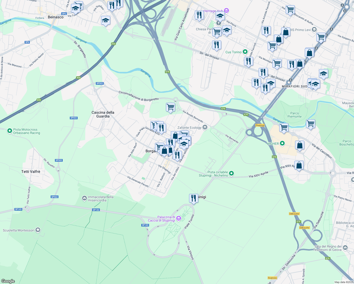 map of restaurants, bars, coffee shops, grocery stores, and more near 34 Via Gorizia in Borgaretto