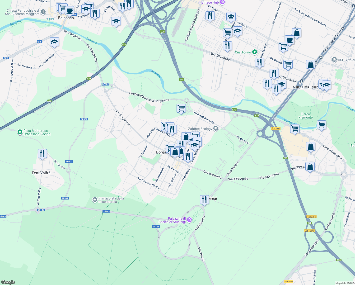 map of restaurants, bars, coffee shops, grocery stores, and more near 7 Viale Giovanni Xxiii Papa in Borgaretto