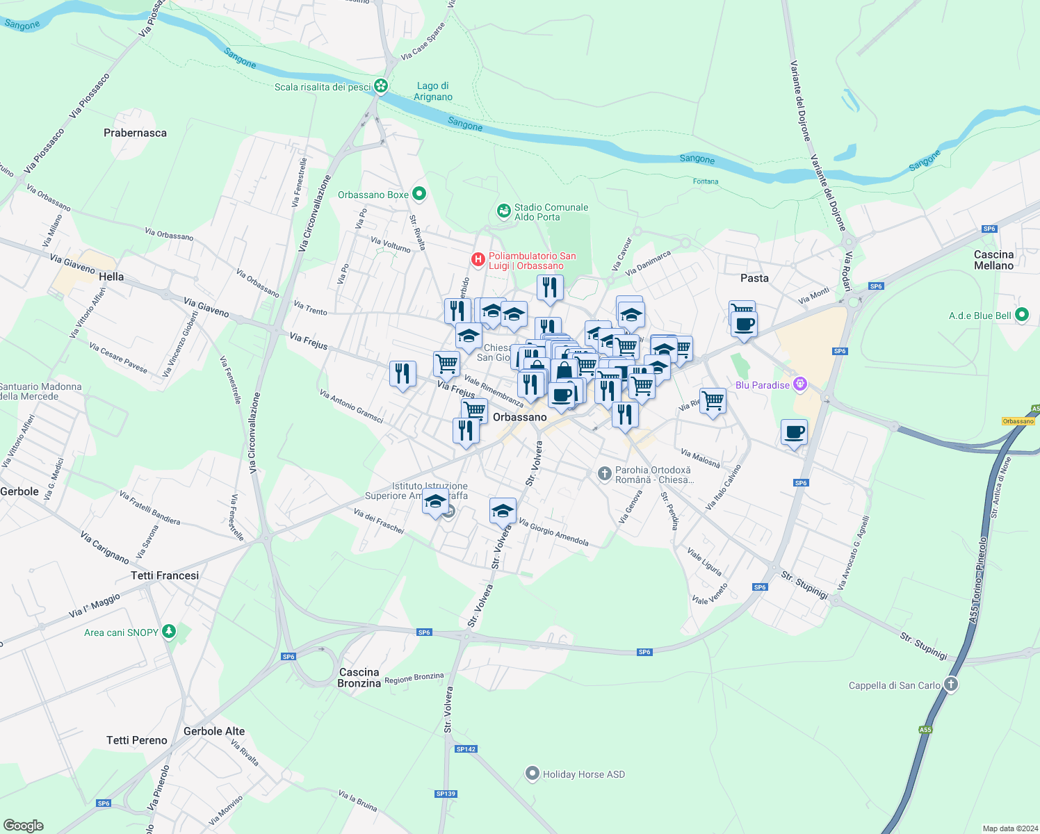 map of restaurants, bars, coffee shops, grocery stores, and more near in Orbassano
