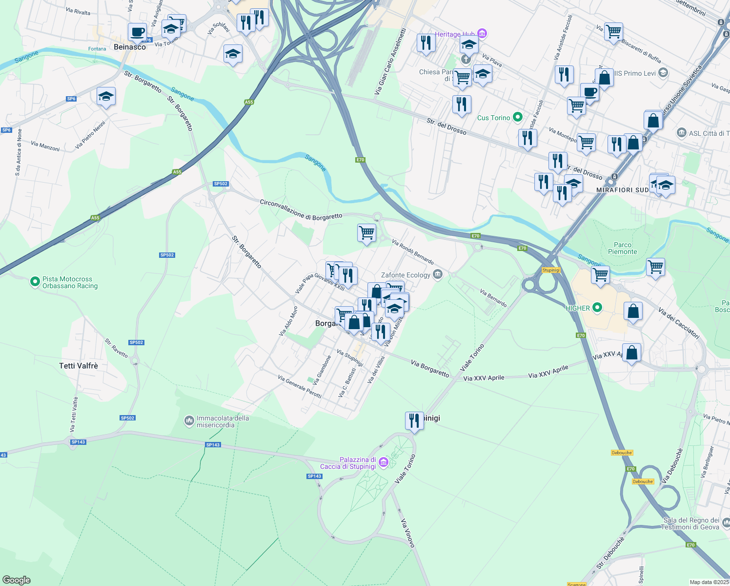 map of restaurants, bars, coffee shops, grocery stores, and more near 34 Via Gorizia in Borgaretto