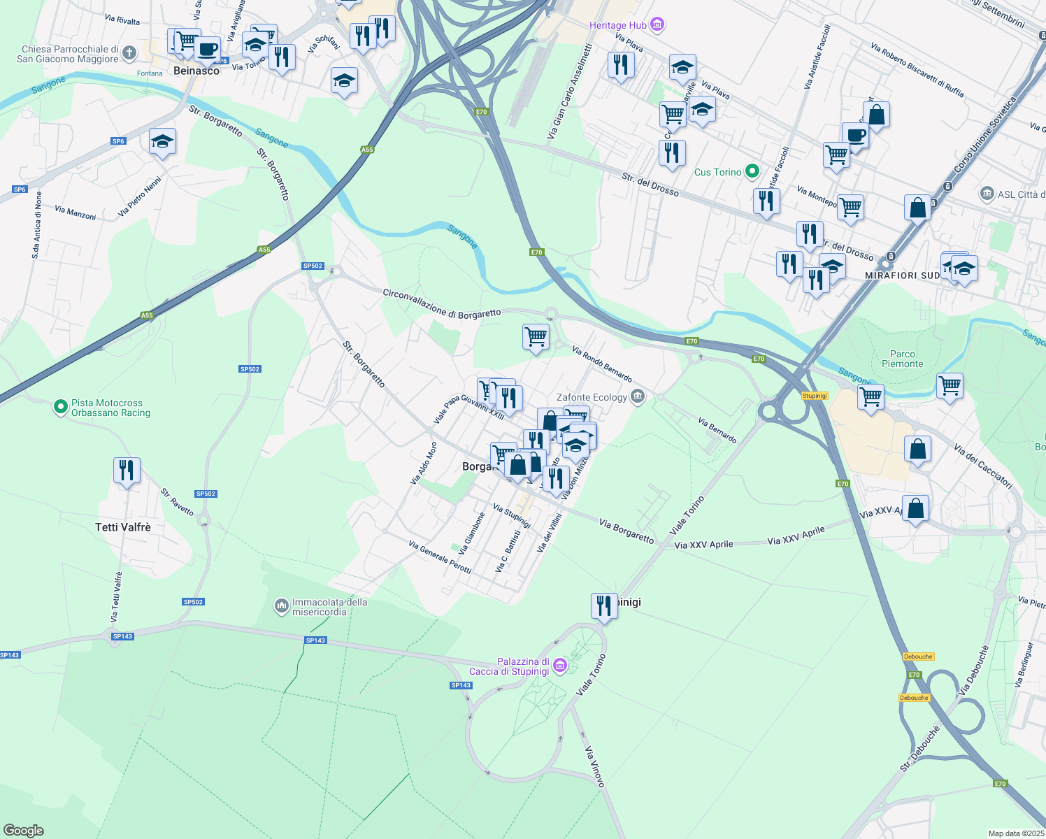 map of restaurants, bars, coffee shops, grocery stores, and more near 7 Viale Giovanni Xxiii Papa in Borgaretto