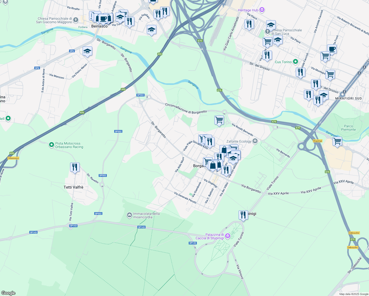 map of restaurants, bars, coffee shops, grocery stores, and more near 6 Via II Giugno in Borgaretto