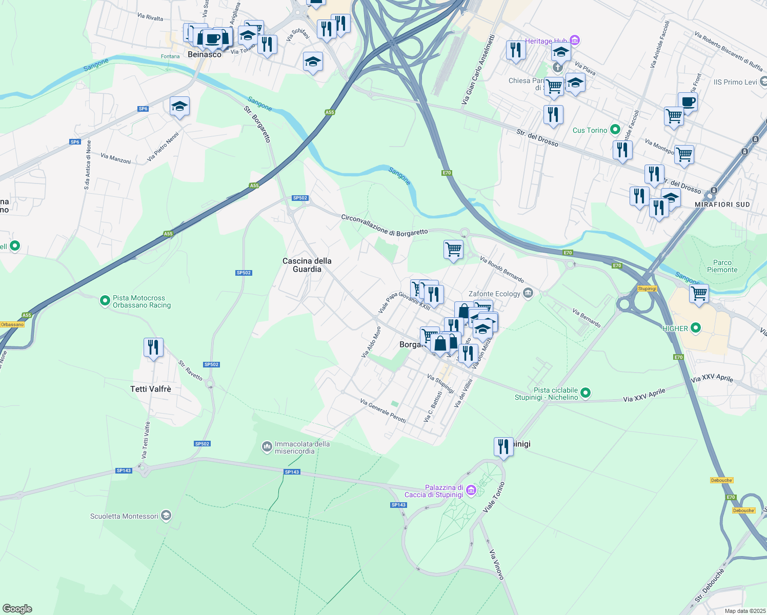 map of restaurants, bars, coffee shops, grocery stores, and more near 6 Via II Giugno in Borgaretto