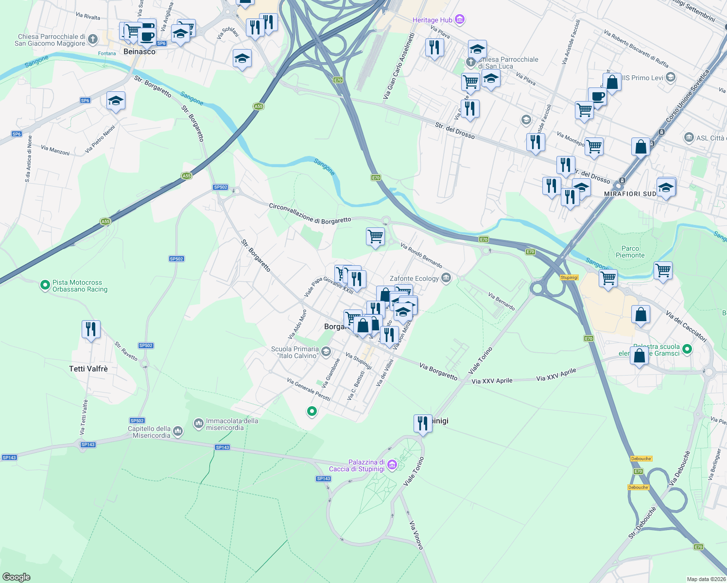 map of restaurants, bars, coffee shops, grocery stores, and more near 7 Viale Giovanni Xxiii Papa in Borgaretto