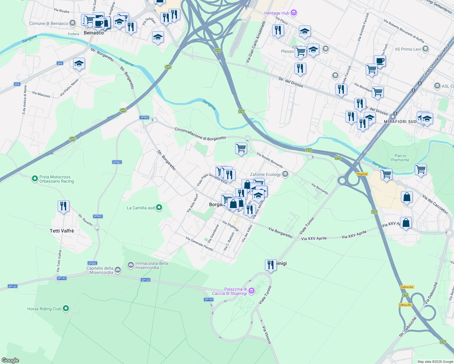 map of restaurants, bars, coffee shops, grocery stores, and more near 9 Viale Papa Giovanni XXIII in Borgaretto