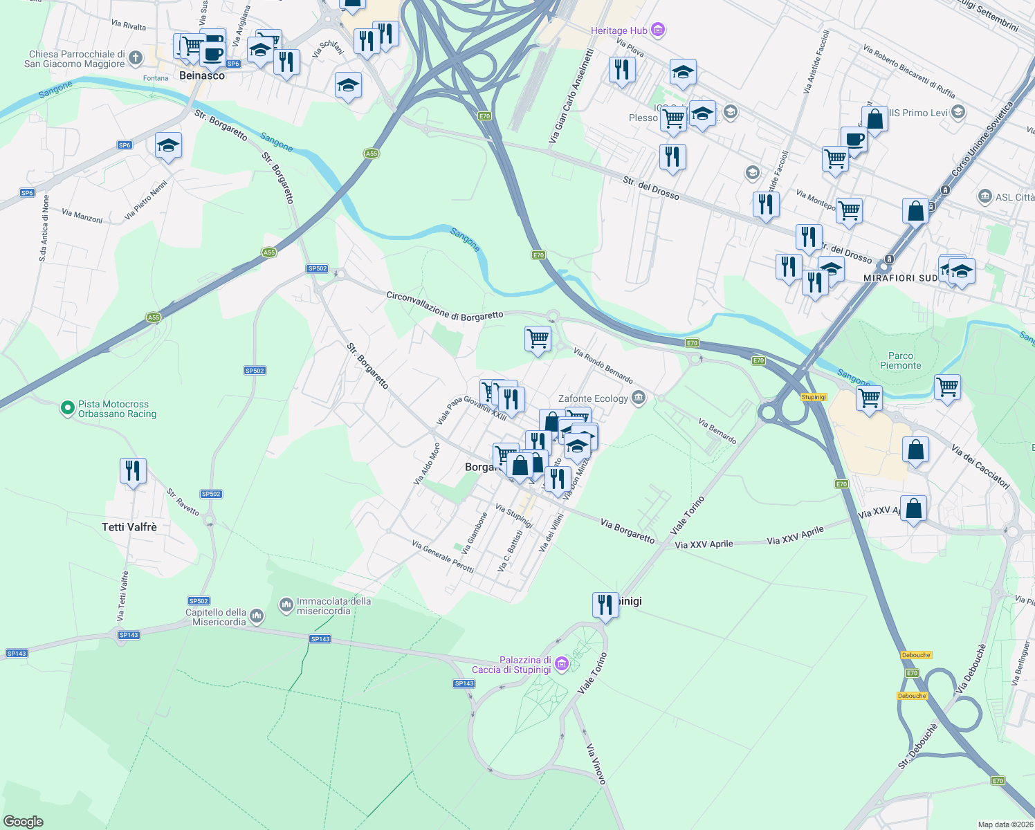 map of restaurants, bars, coffee shops, grocery stores, and more near 7 Viale Giovanni Xxiii Papa in Borgaretto