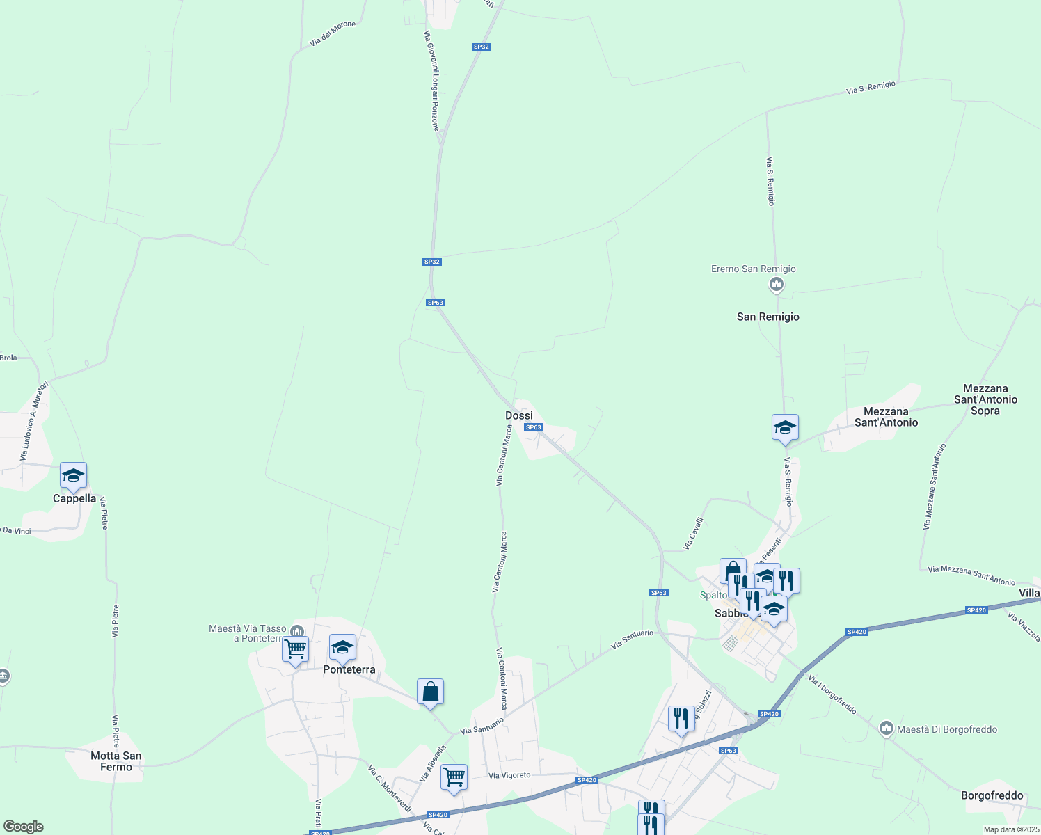 map of restaurants, bars, coffee shops, grocery stores, and more near 33 SP63 in Dossi