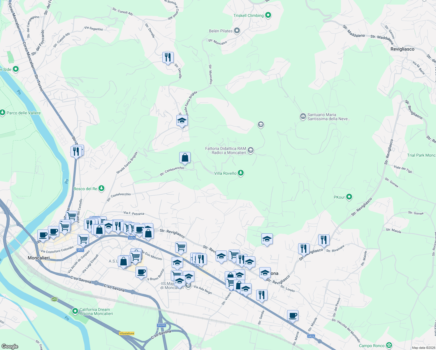 map of restaurants, bars, coffee shops, grocery stores, and more near 38 Strada Castelvecchio in Moncalieri