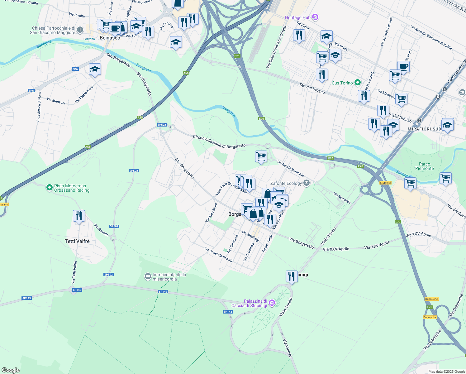 map of restaurants, bars, coffee shops, grocery stores, and more near 28 Viale Papa Giovanni XXIII in Borgaretto