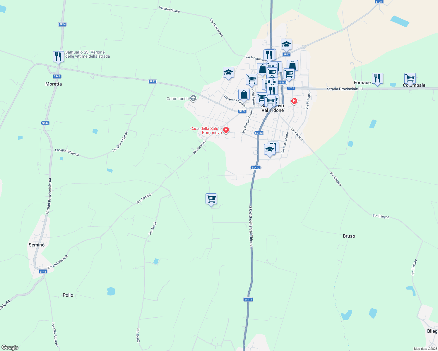 map of restaurants, bars, coffee shops, grocery stores, and more near 207 Strada San Biagio in Provincia di Piacenza