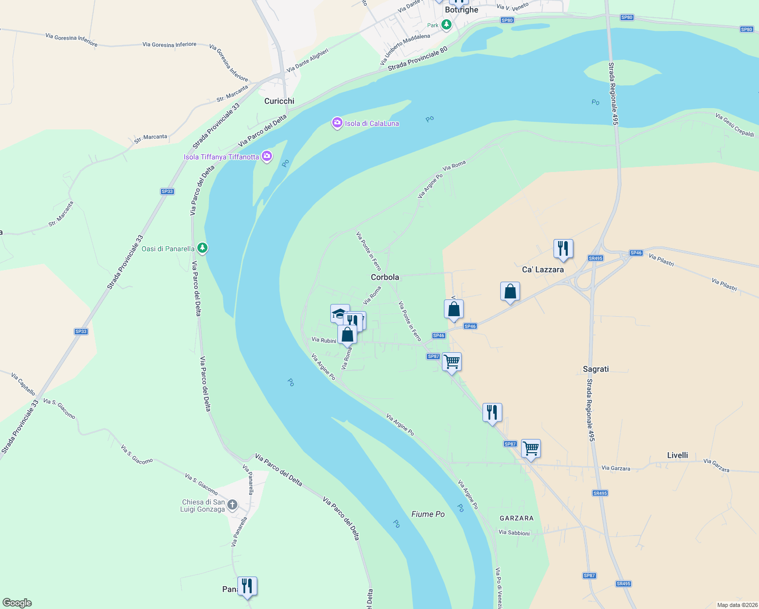 map of restaurants, bars, coffee shops, grocery stores, and more near 60 Via Alcide De Gasperi in Corbola