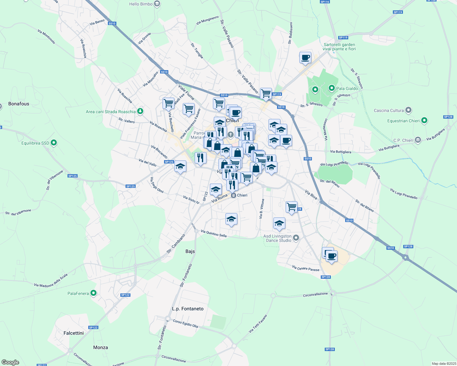 map of restaurants, bars, coffee shops, grocery stores, and more near 7 Via Martiri della Libertà in Chieri