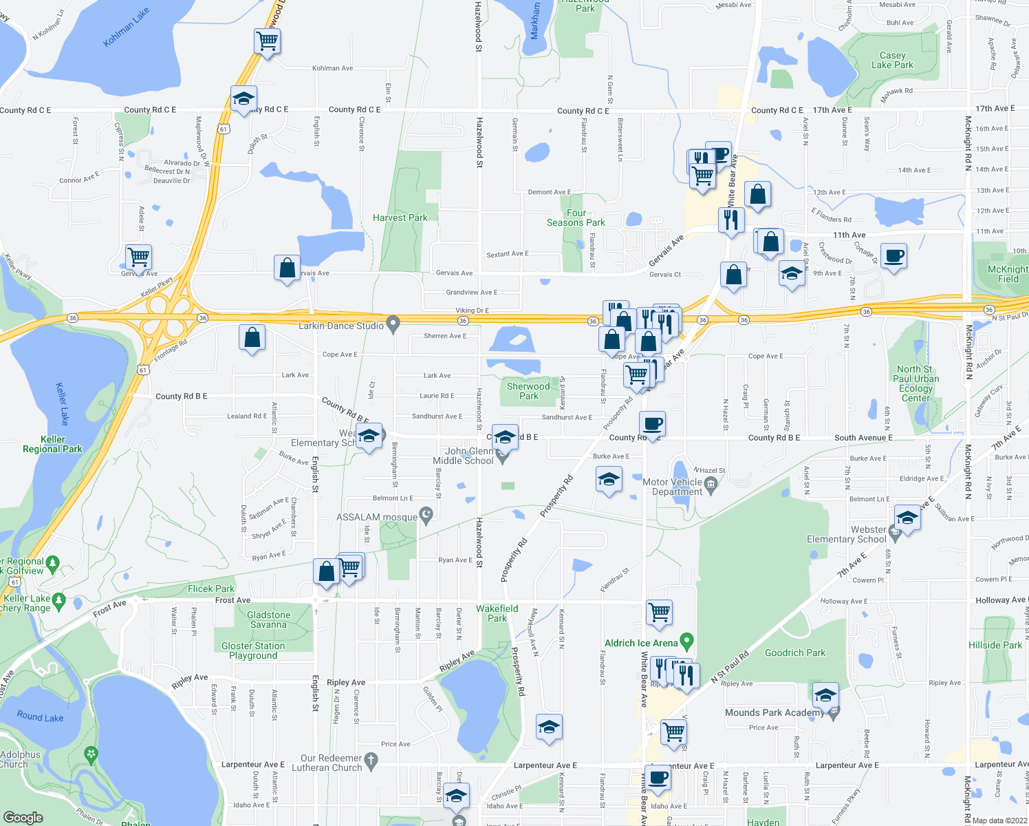 map of restaurants, bars, coffee shops, grocery stores, and more near 1595 Sandhurst Avenue East in Saint Paul