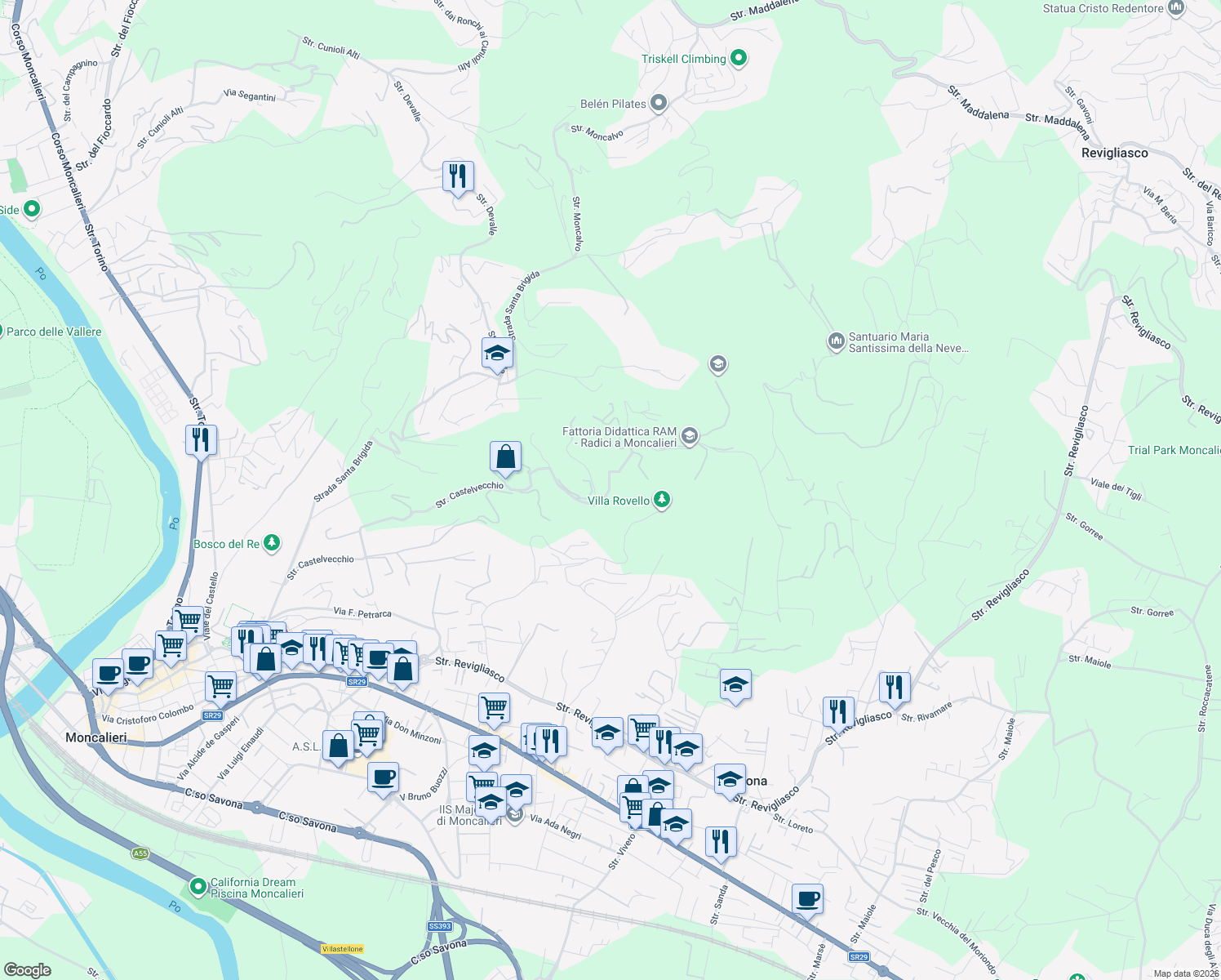 map of restaurants, bars, coffee shops, grocery stores, and more near 38 Strada Castelvecchio in Moncalieri