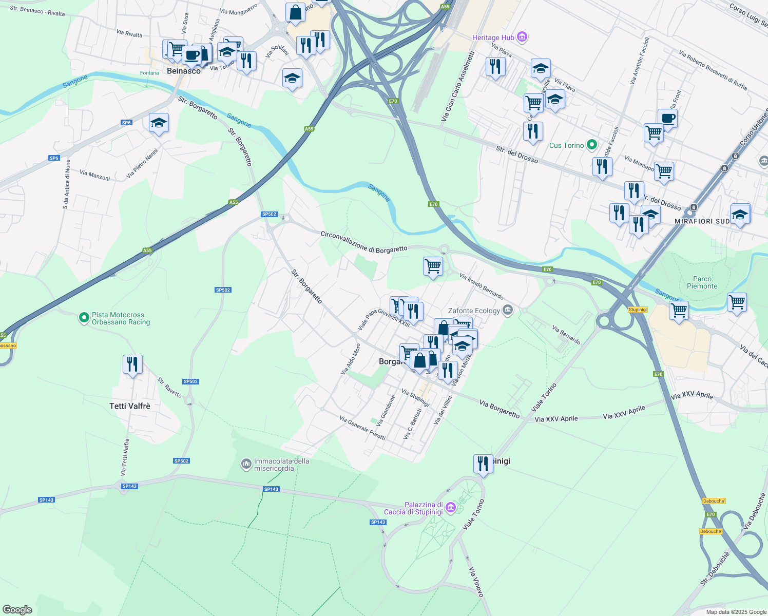 map of restaurants, bars, coffee shops, grocery stores, and more near 28 Viale Papa Giovanni XXIII in Borgaretto