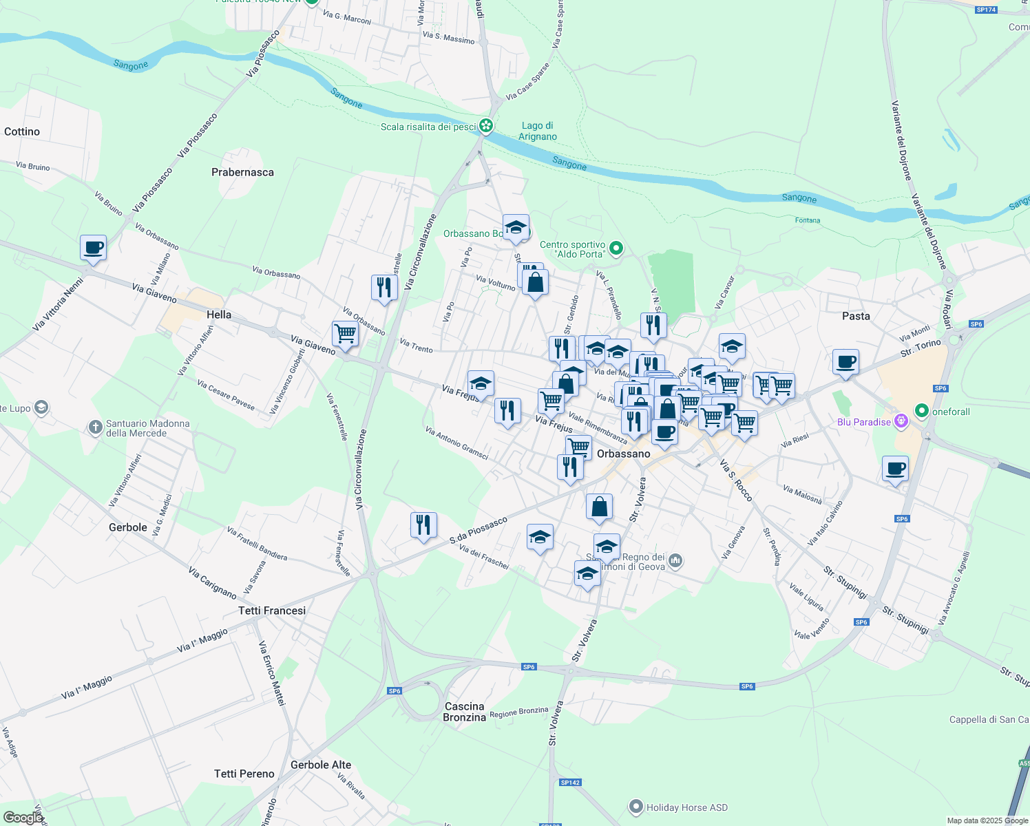 map of restaurants, bars, coffee shops, grocery stores, and more near 55 Via Frejus in Orbassano