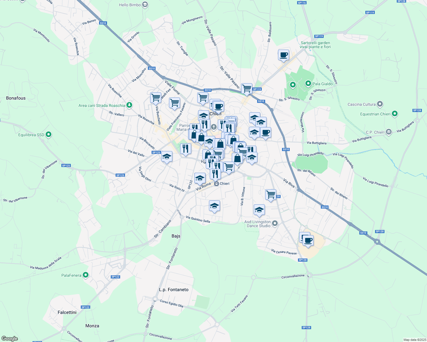map of restaurants, bars, coffee shops, grocery stores, and more near 7 Via Martiri della Libertà in Chieri