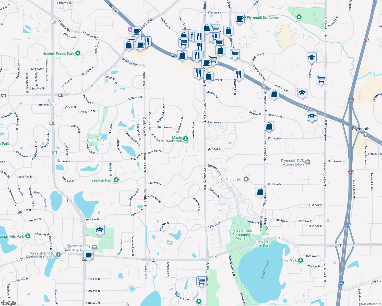 map of restaurants, bars, coffee shops, grocery stores, and more near 16025 26th Avenue North in Minneapolis