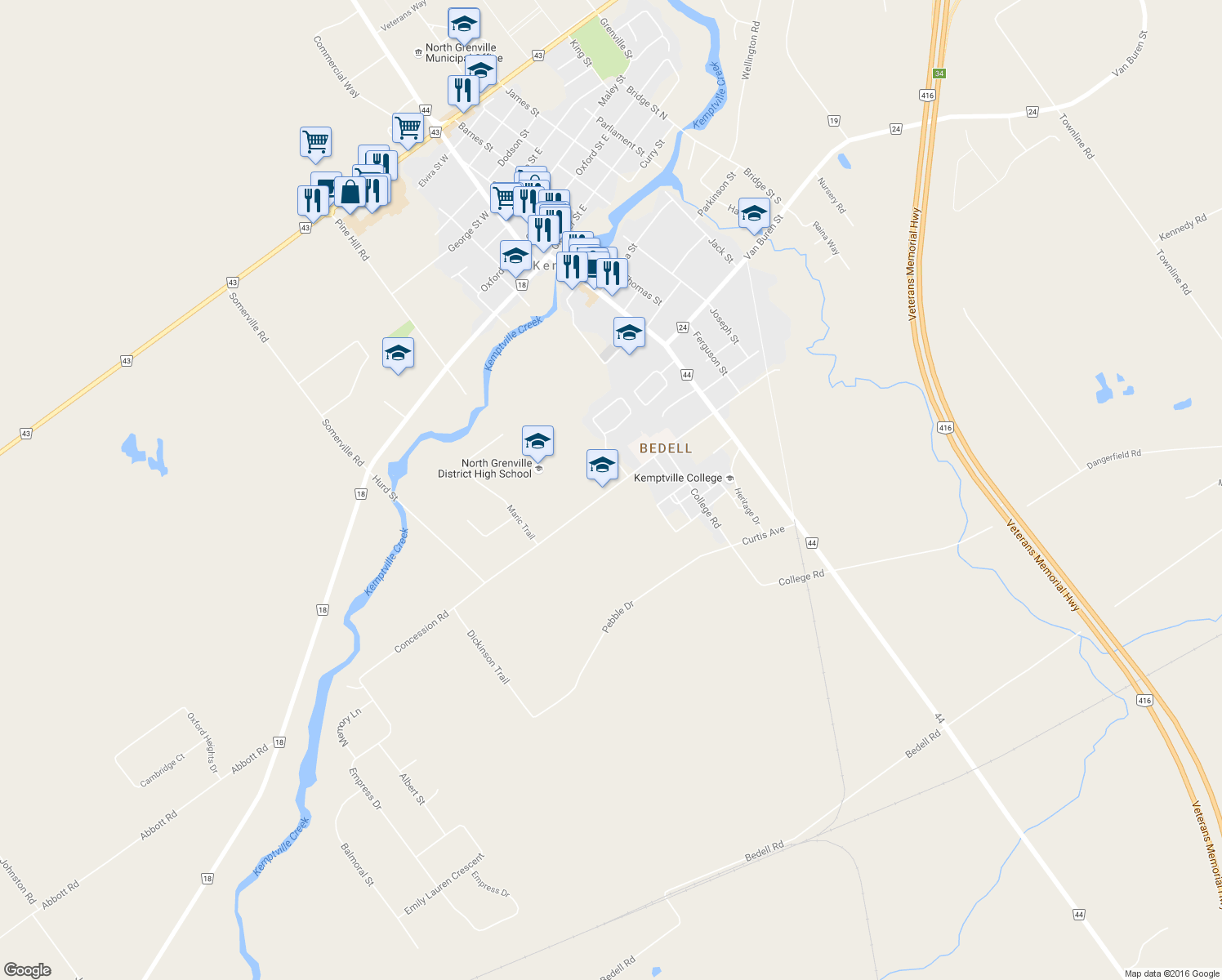 map of restaurants, bars, coffee shops, grocery stores, and more near 2655 Concession Road in Kemptville