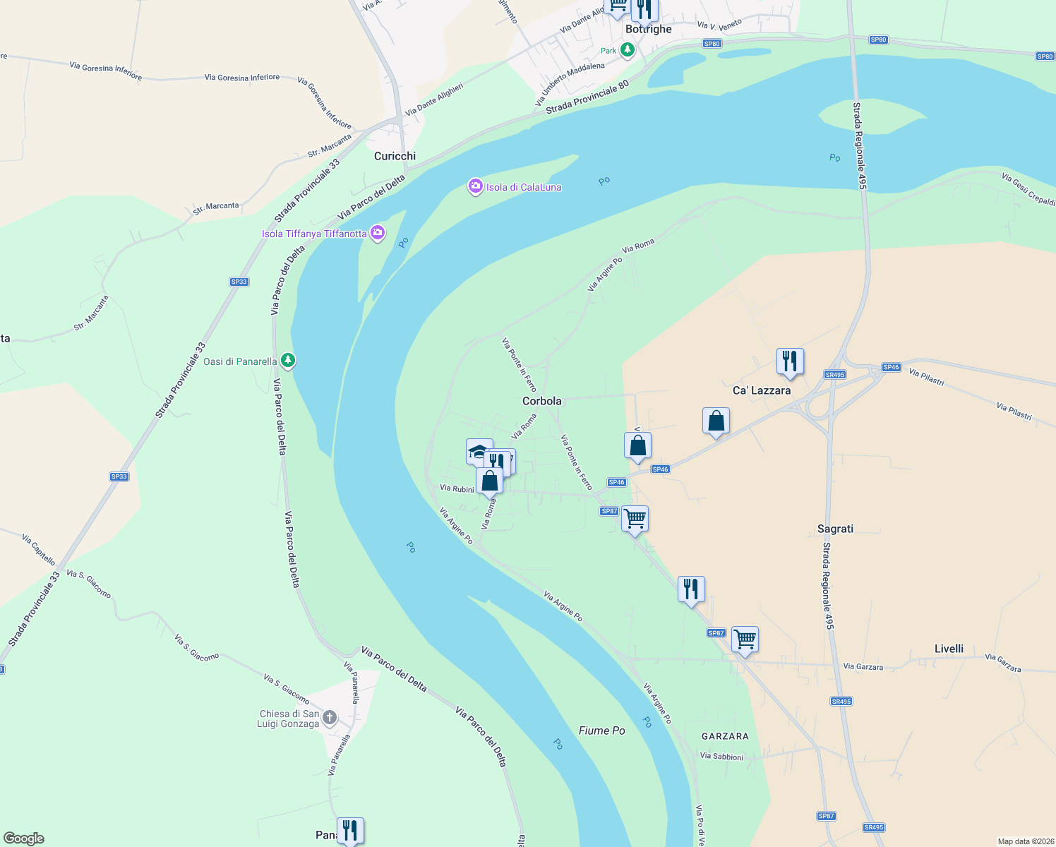 map of restaurants, bars, coffee shops, grocery stores, and more near 60 Via Alcide De Gasperi in Corbola