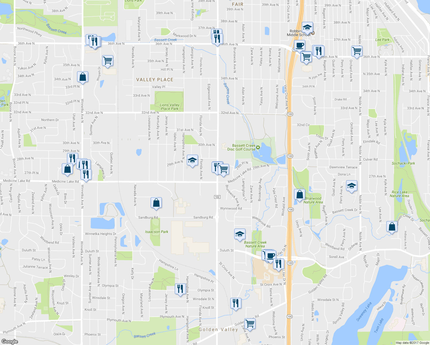map of restaurants, bars, coffee shops, grocery stores, and more near 11220 29th Place North in Crystal