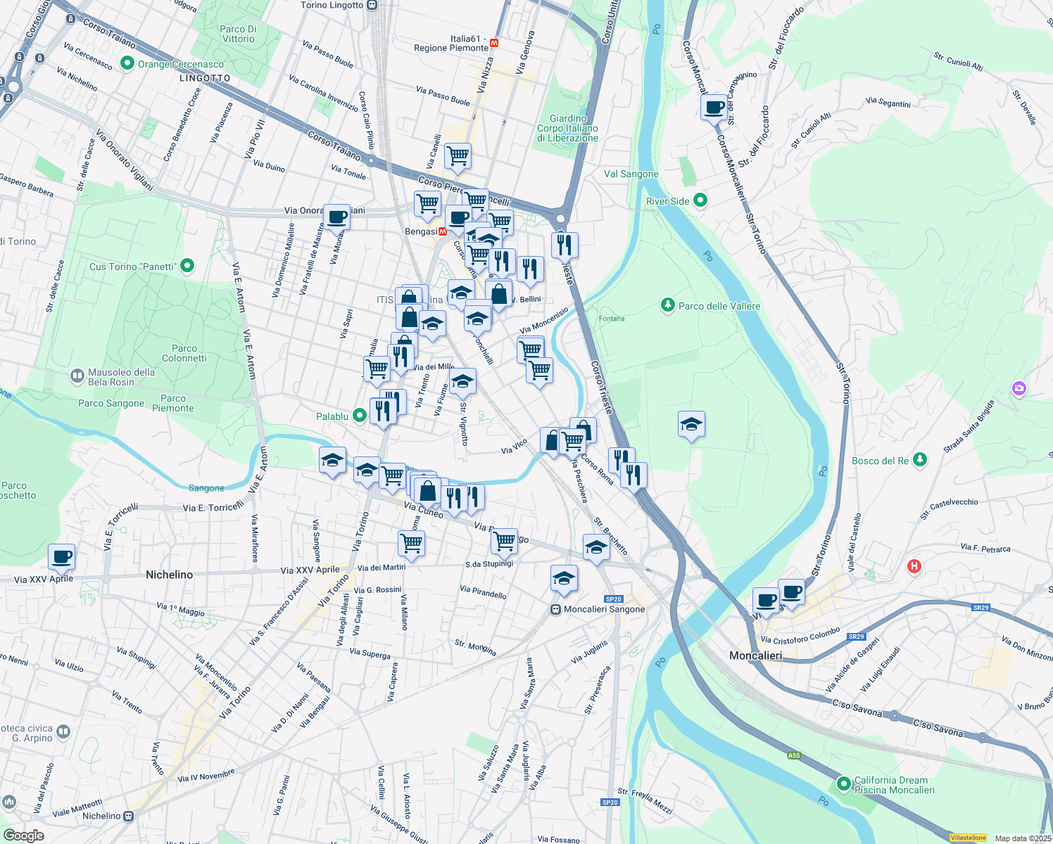 map of restaurants, bars, coffee shops, grocery stores, and more near 59 Via Ponchielli Amilcare in Moncalieri