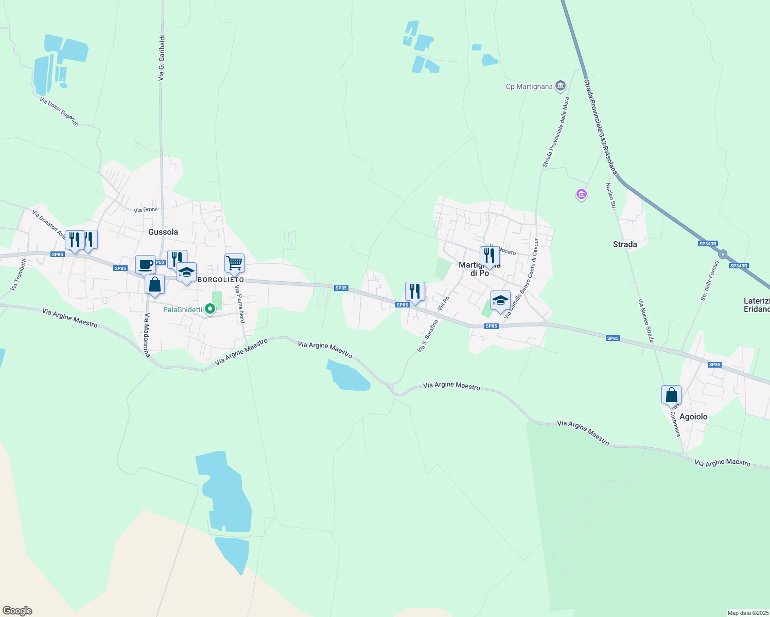 map of restaurants, bars, coffee shops, grocery stores, and more near 81A Via Bardellina in Martignana di Po