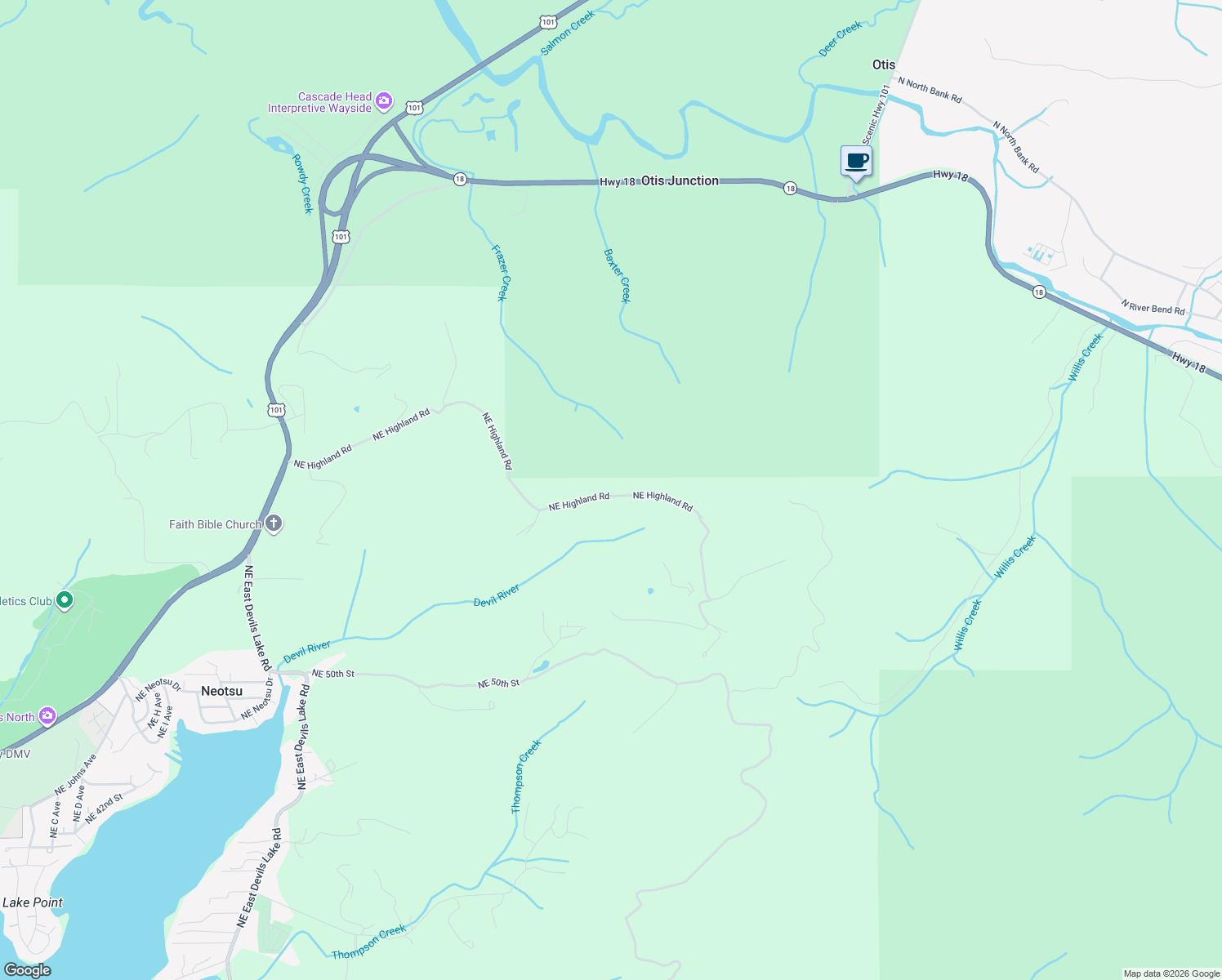 map of restaurants, bars, coffee shops, grocery stores, and more near 8390 Northeast Highland Road in Otis