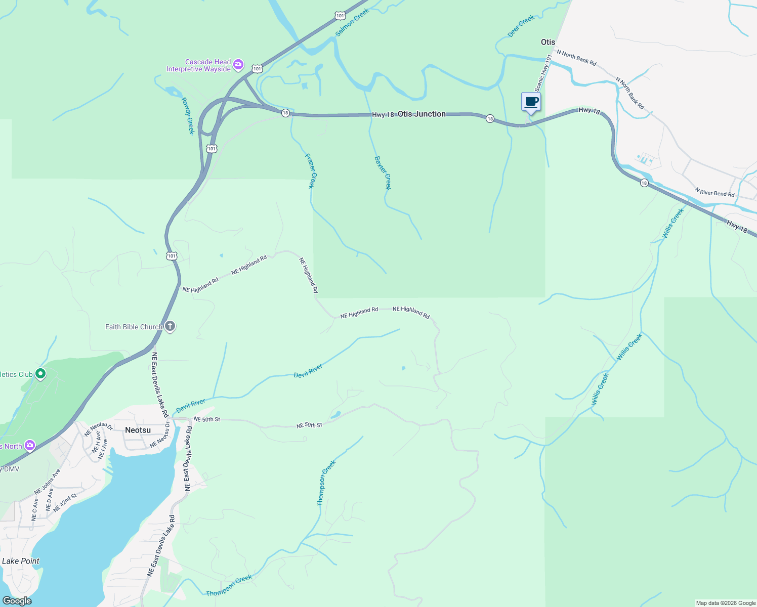 map of restaurants, bars, coffee shops, grocery stores, and more near 8390 Northeast Highland Road in Otis