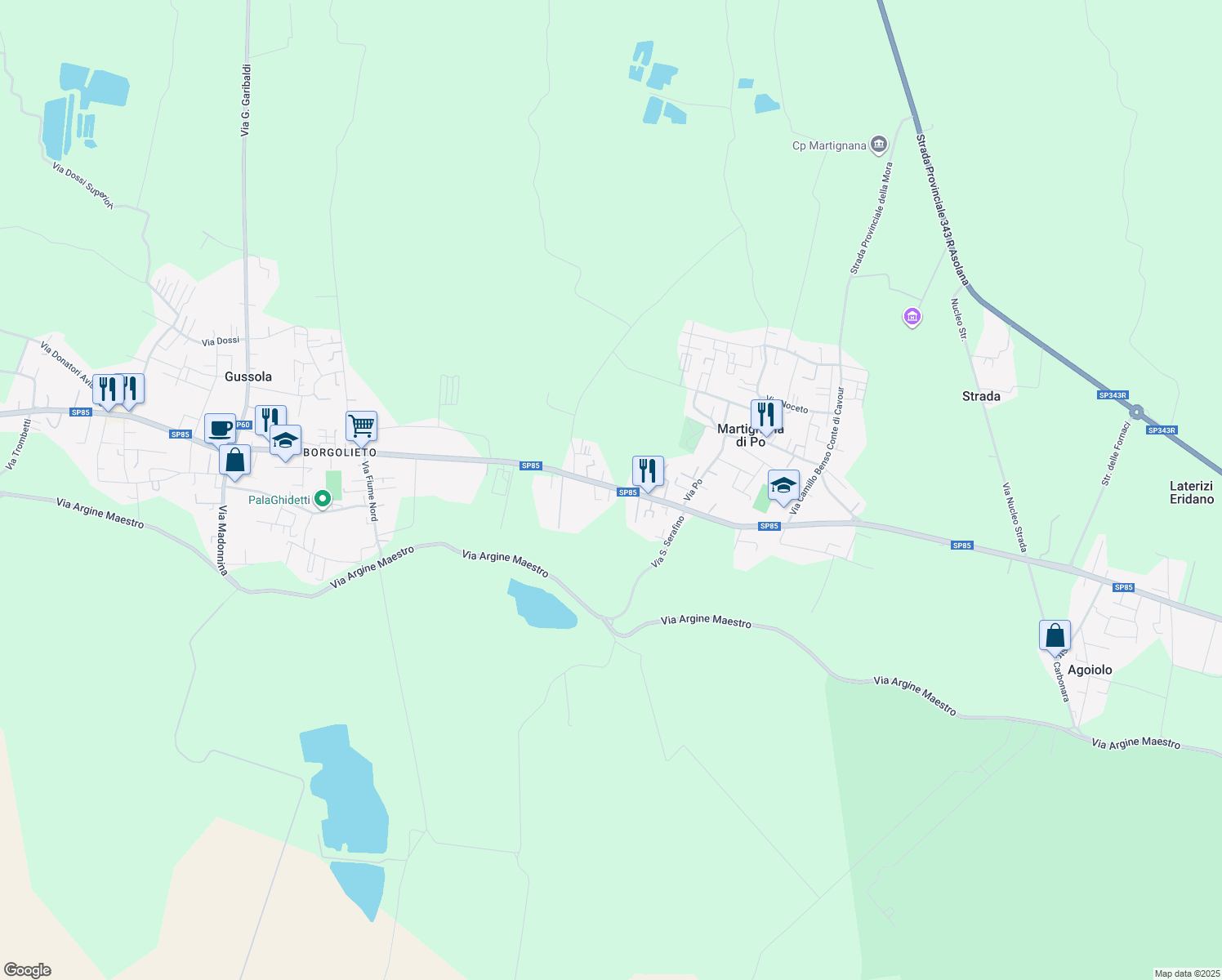map of restaurants, bars, coffee shops, grocery stores, and more near 81A Via Bardellina in Martignana di Po
