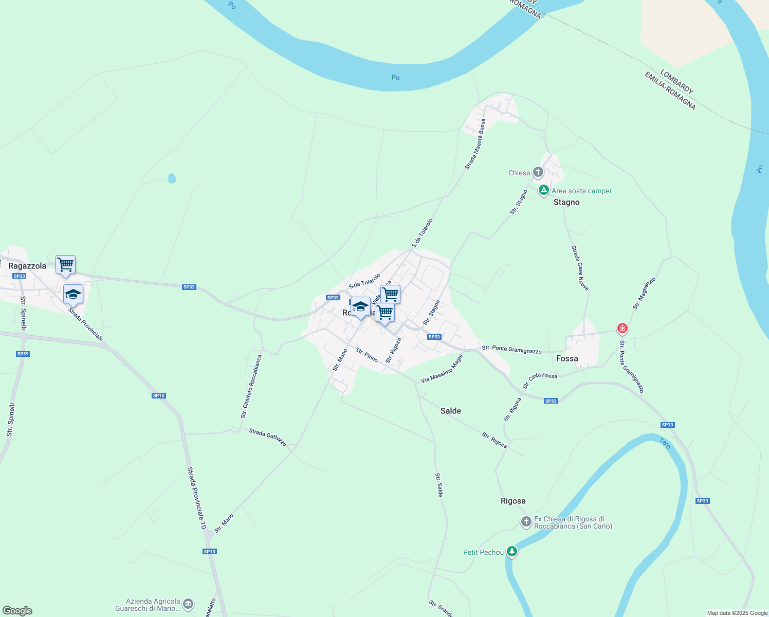 map of restaurants, bars, coffee shops, grocery stores, and more near 10 Piazza Giuseppe Garibaldi in Roccabianca