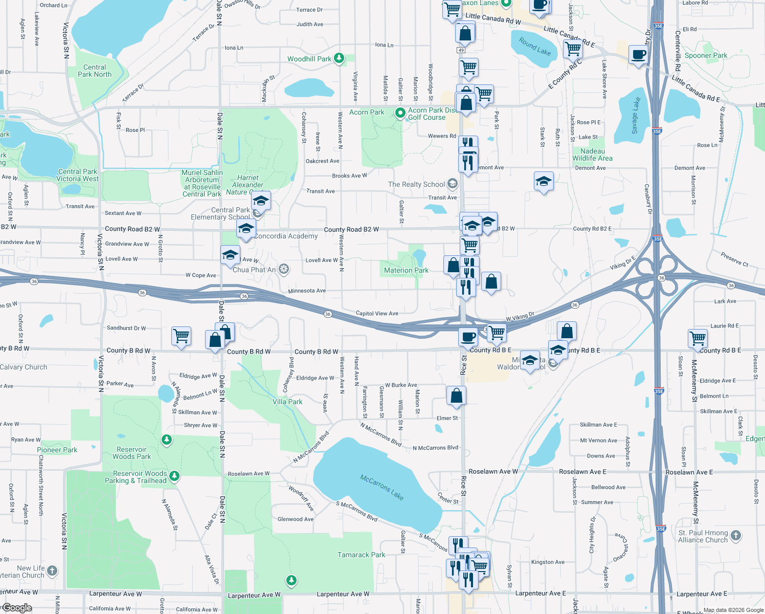 map of restaurants, bars, coffee shops, grocery stores, and more near 299 Capitol View Avenue in Saint Paul